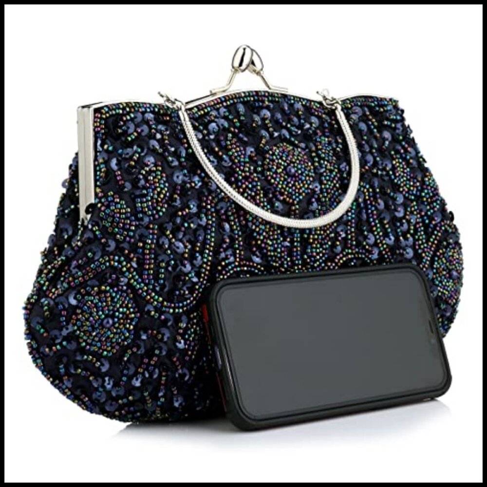 Elegant Beaded Sequin Floral Clutch Bag Detachable Wristlet Evening Purse - Picture 2 of 7